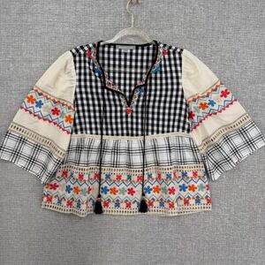 Daniel Rainn Black Gingham Embroidered V Neck Boho Peasant Blouse Top Women's M